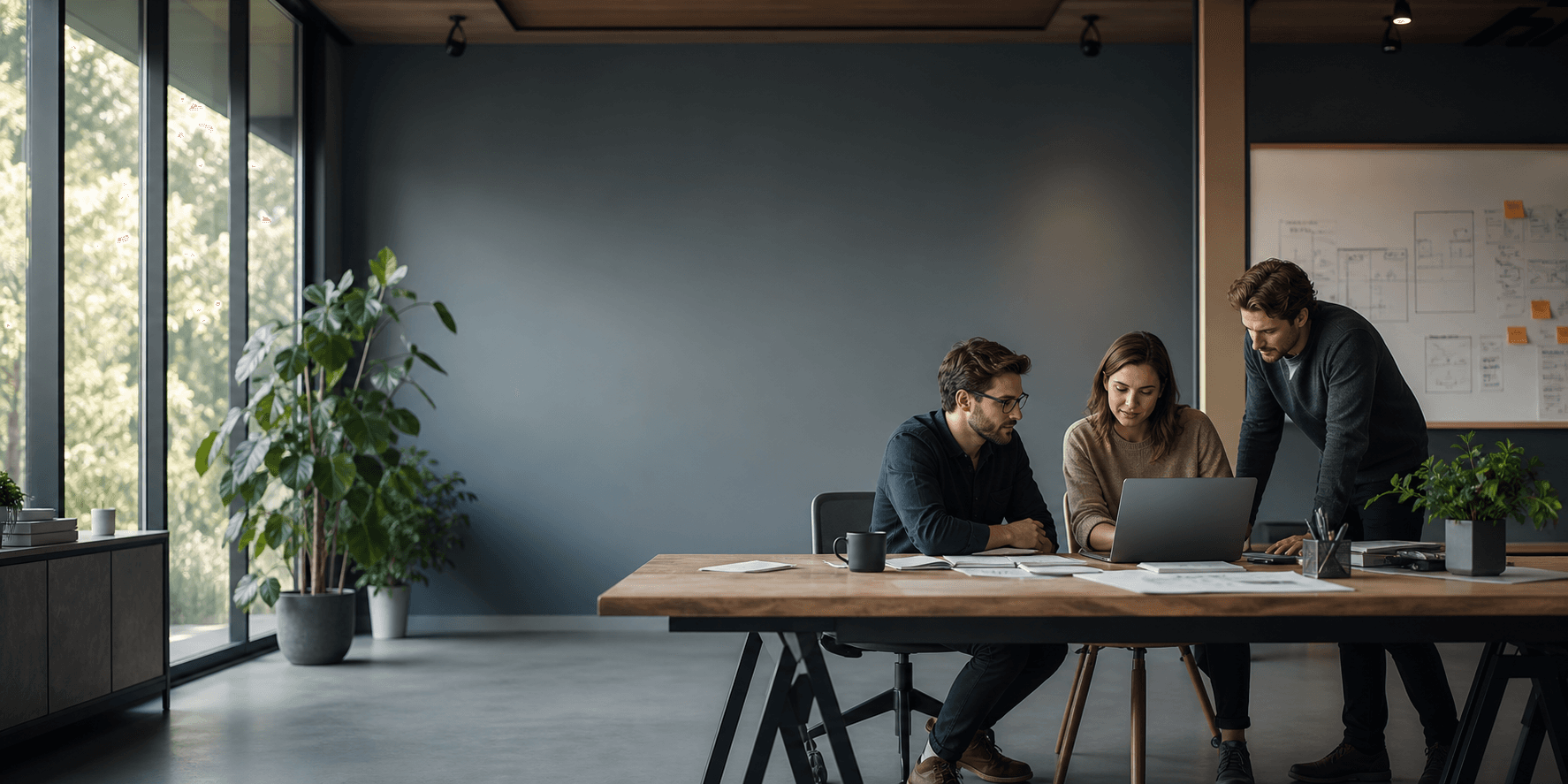 Two colleagues planning a project at a laptop