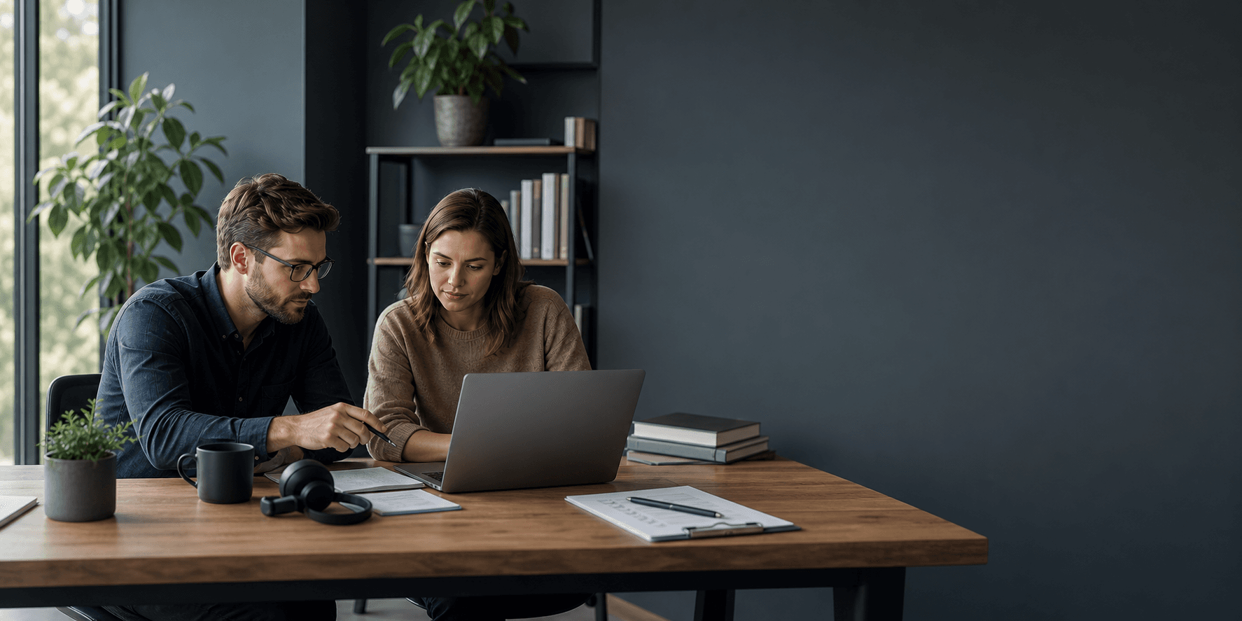Team collaborating around a laptop in an office